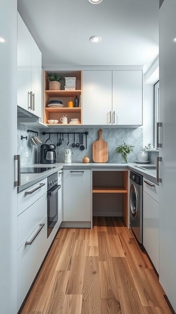 A modern modular kitchen with white cabinets, a grey countertop, and wooden flooring.