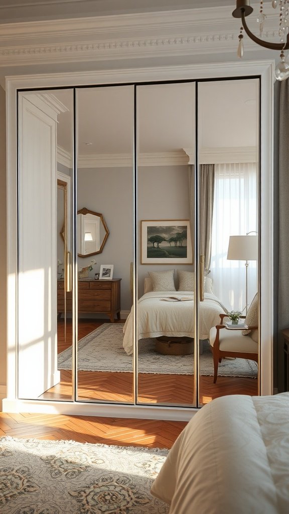 Mirrors on cabinet doors reflecting the bedroom interior.
