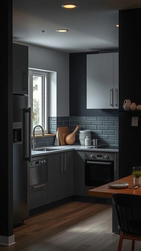 A modern kitchen with dark accent walls and light cabinetry, showing depth and contrast.