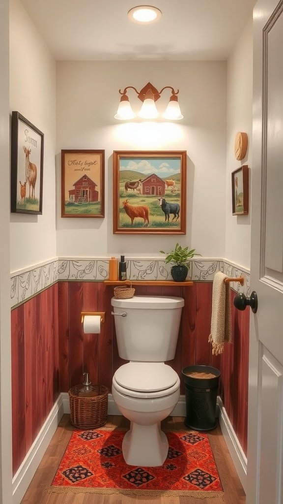 A small bathroom featuring rustic artwork on the wall, enhancing the farmhouse style.