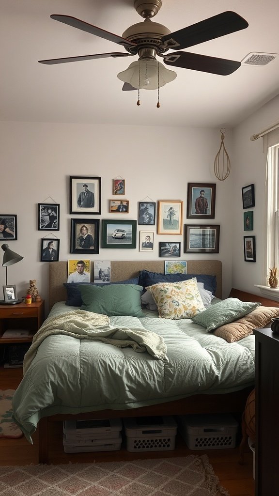 Cozy bedroom with textured bedding and framed photographs on the wall.