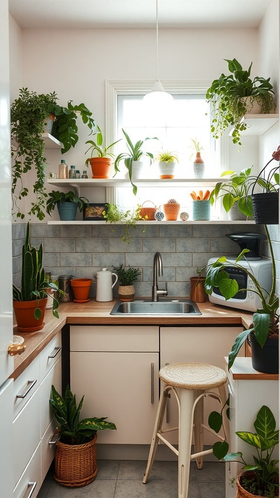 Cozy kitchen filled with various plants adorning shelves and countertops.