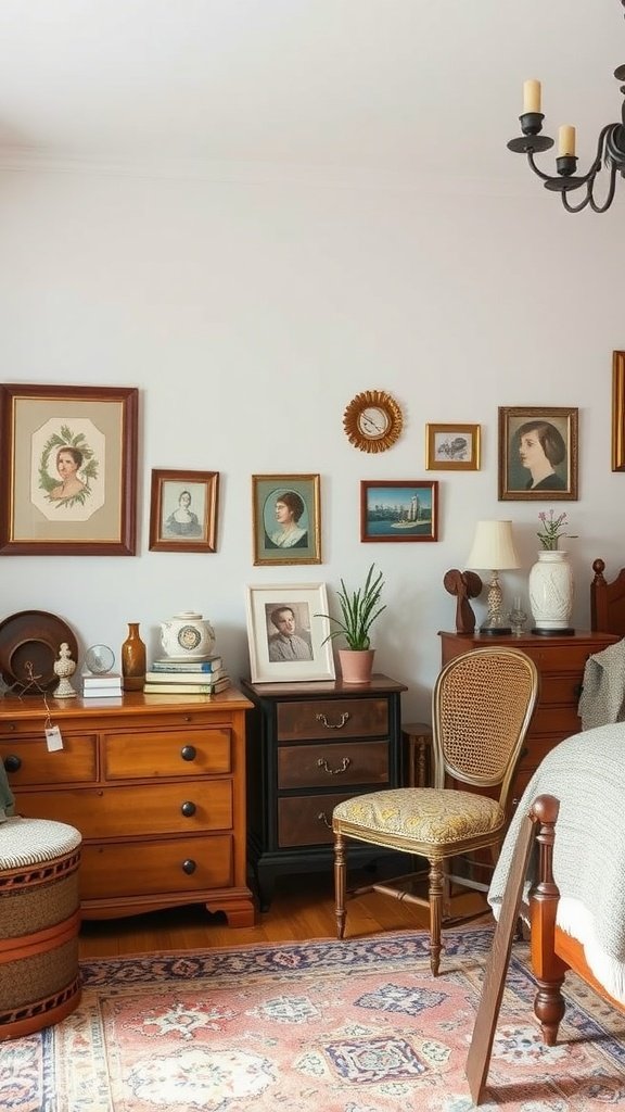 A cozy bedroom featuring vintage elements like framed portraits, wooden furniture, and a patterned rug.