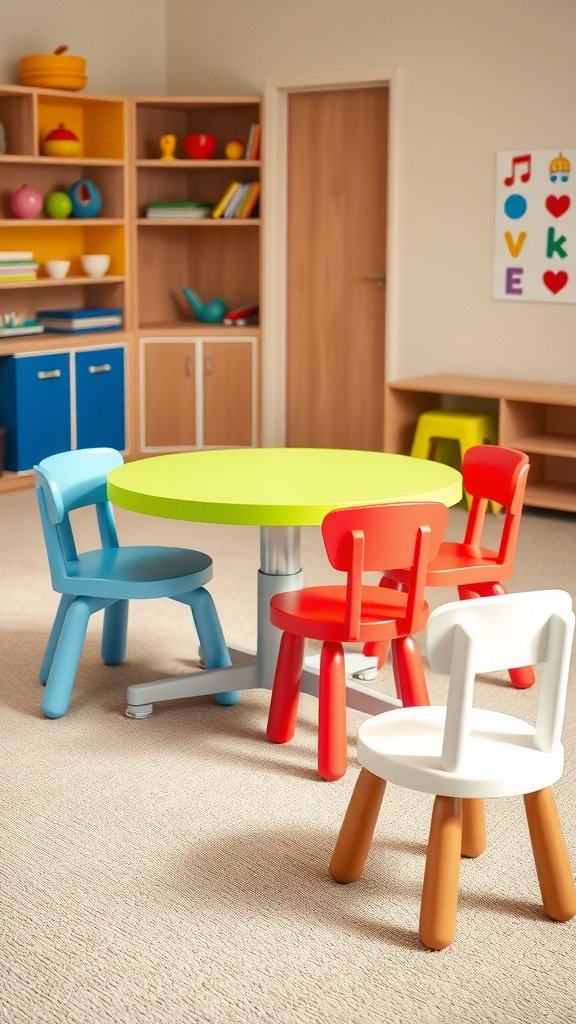 A colorful adjustable height play table with four chairs in a playful room.