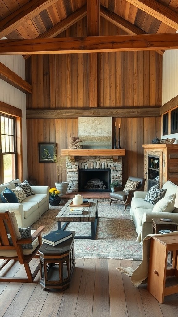 A cozy living room featuring aged hickory wood accents and modern furnishings.
