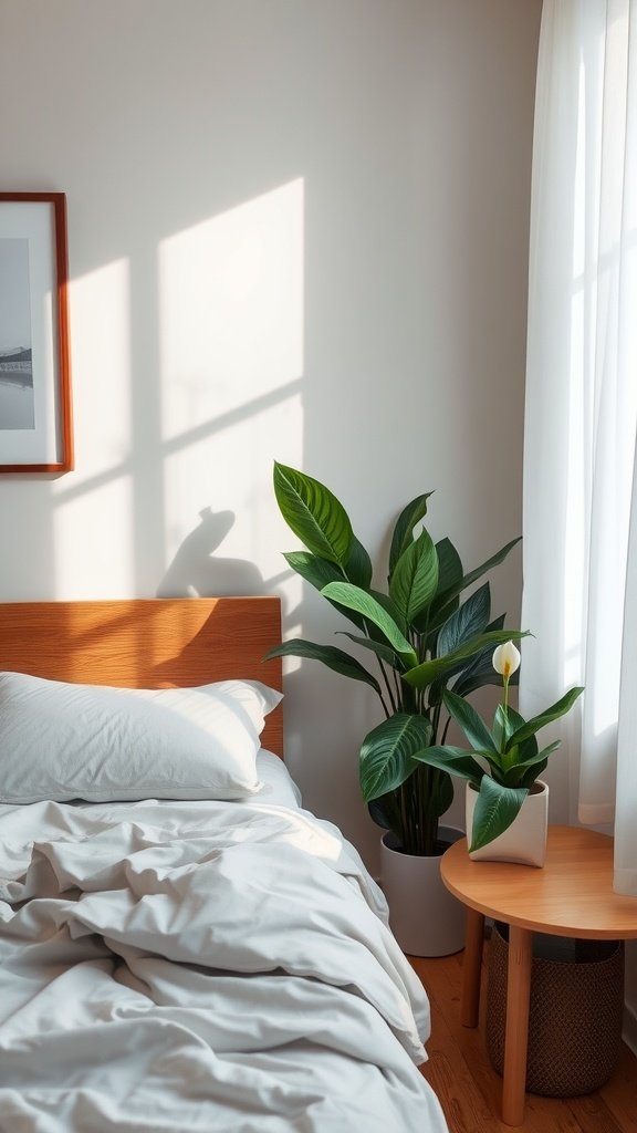A cozy bedroom with a bed and a peace lily plant by the window.