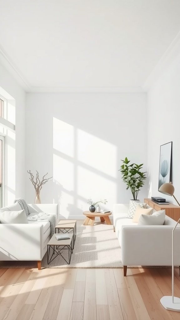 Bright living room with white walls, sunlight streaming in, and natural decor.