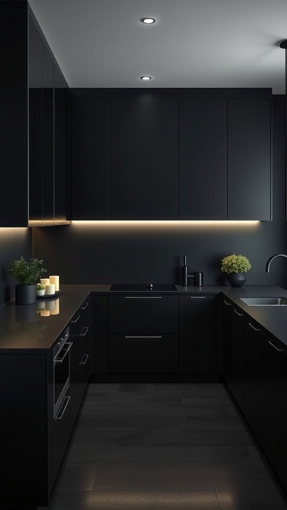 A modern all-black minimalist kitchen featuring sleek cabinets, dark countertops, and subtle lighting.
