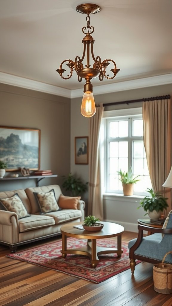 Antique brass chandelier hanging in a cozy living room setting.