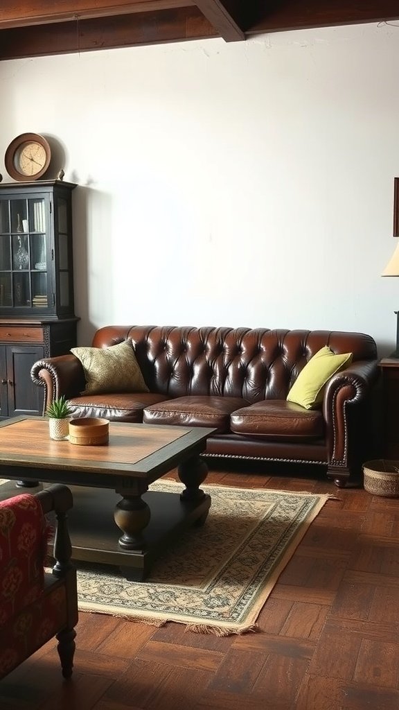 A cozy rustic living room featuring antique furniture.