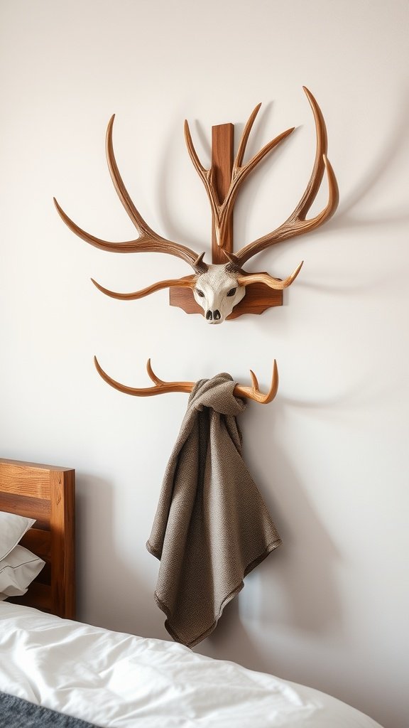 Antler coat rack on a wall with a gray blanket hanging from it.