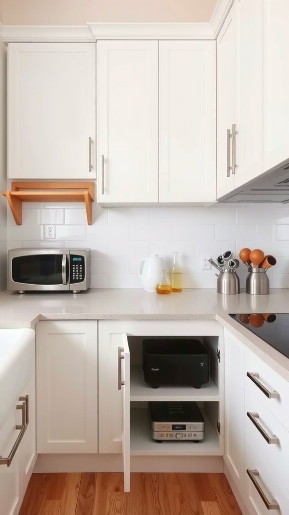 A modern kitchen showcasing an appliance garage with a microwave and other appliances neatly stored away.
