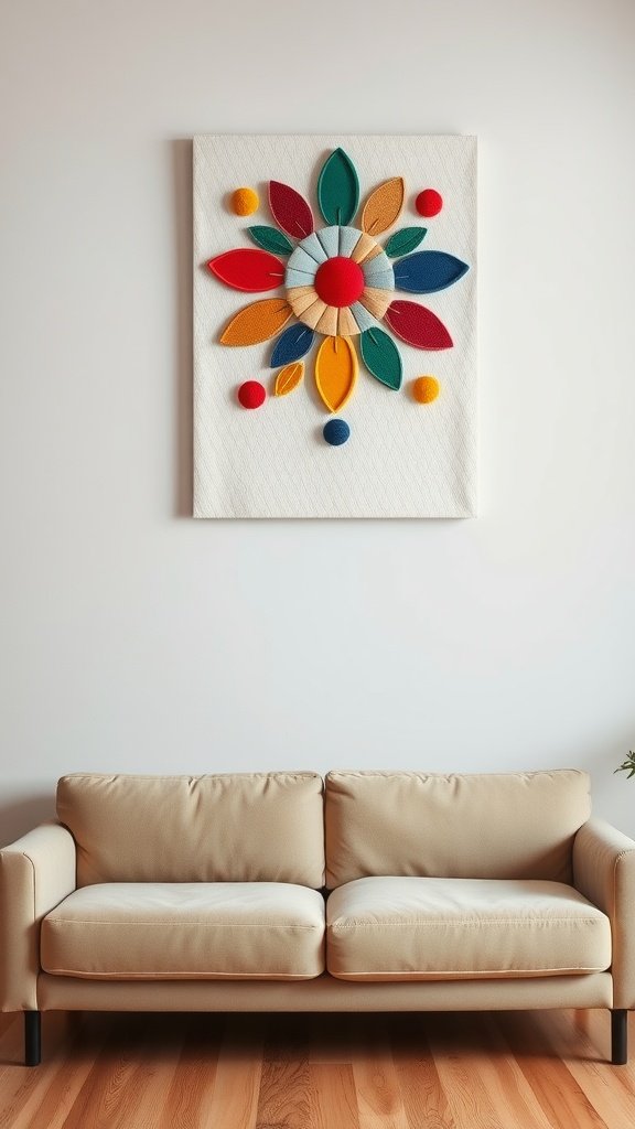 Colorful appliqué wall art displayed above a beige sofa.