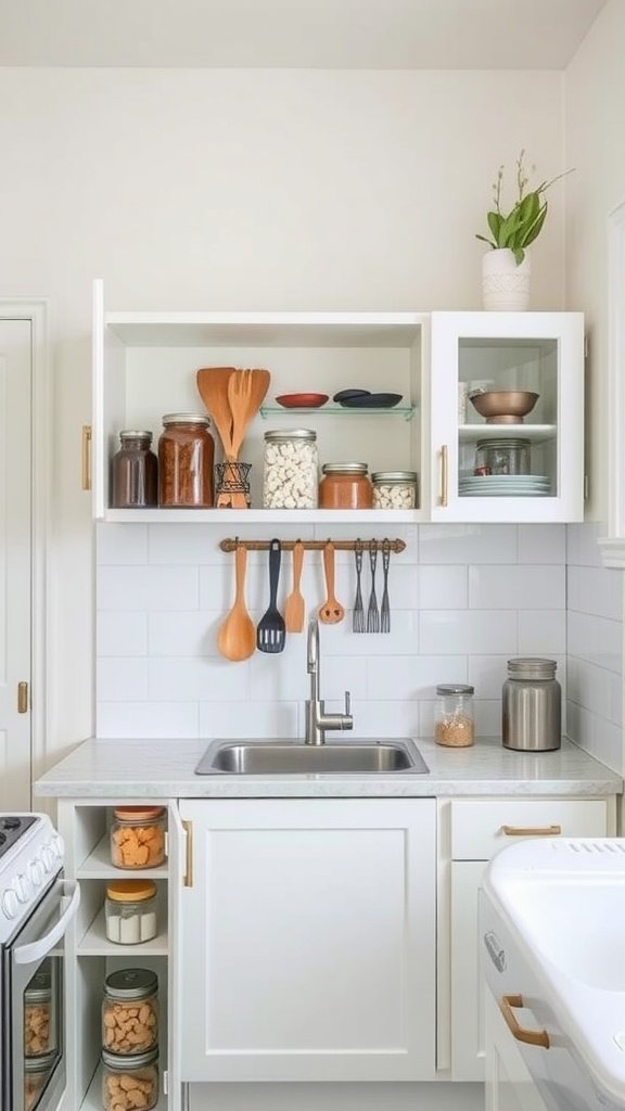 A small kitchen with open shelves displaying jars and utensils.