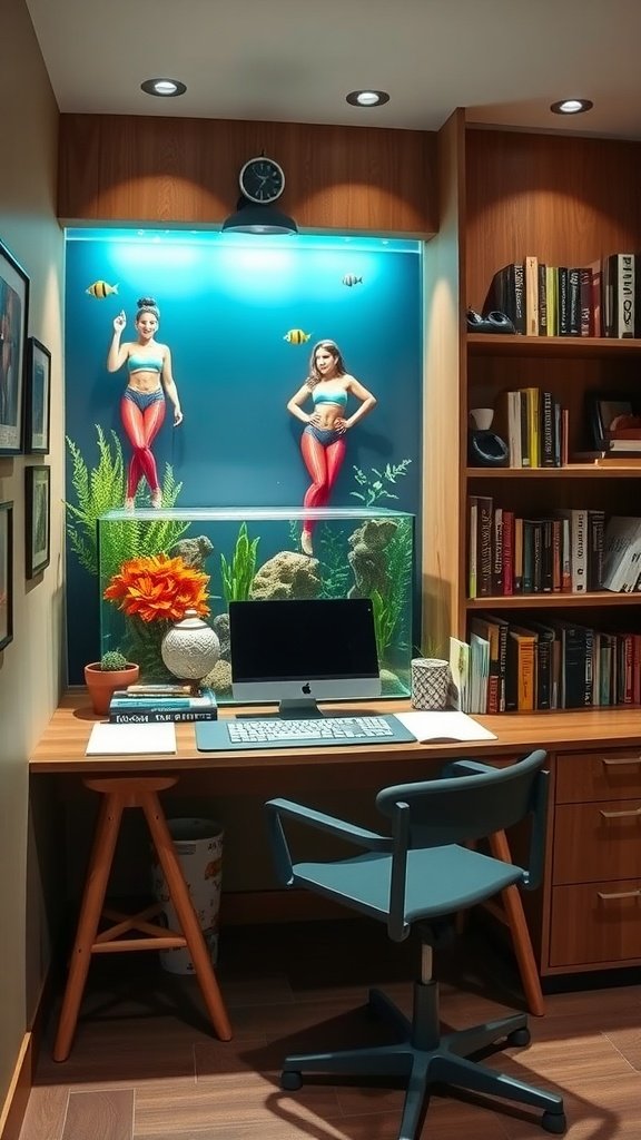 A study area with an aquarium display featuring colorful fish, a wooden desk with books and a laptop, and a cozy chair.