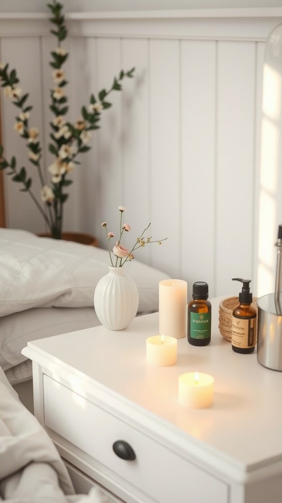 A cozy bedroom nightstand with candles and essential oils for aromatherapy.