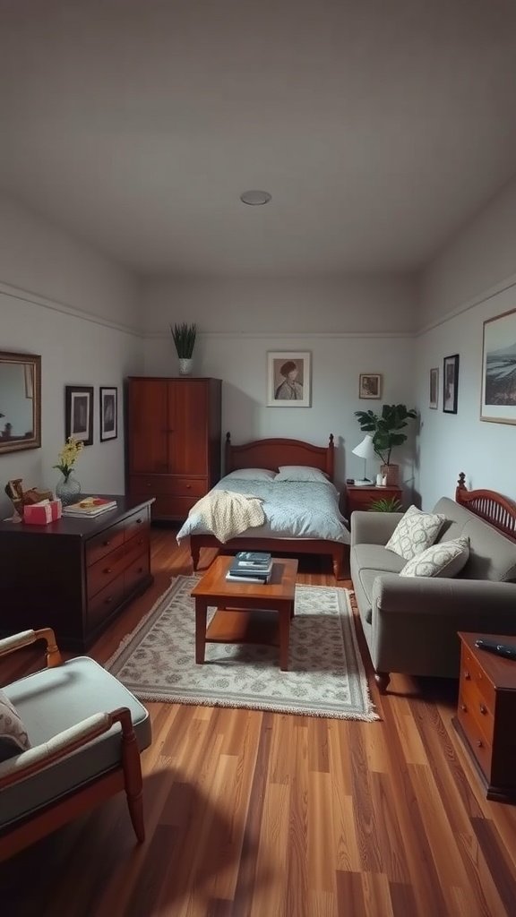 A small bedroom with furniture arranged at angles, including a bed, sofa, and coffee table.