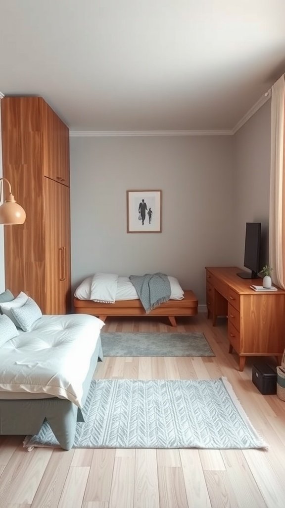 Small bedroom layout with a bed, sofa, and dresser.