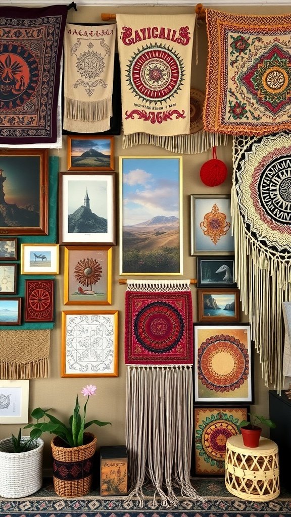 A vibrant wall collage featuring various wall hangings, framed art, and plants, showcasing a boho maximalist style.