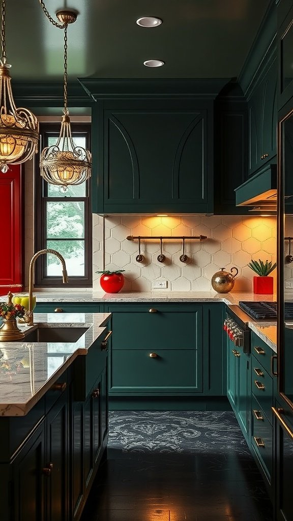 A beautifully designed kitchen featuring Art Deco style fixtures with rich colors and gold accents.