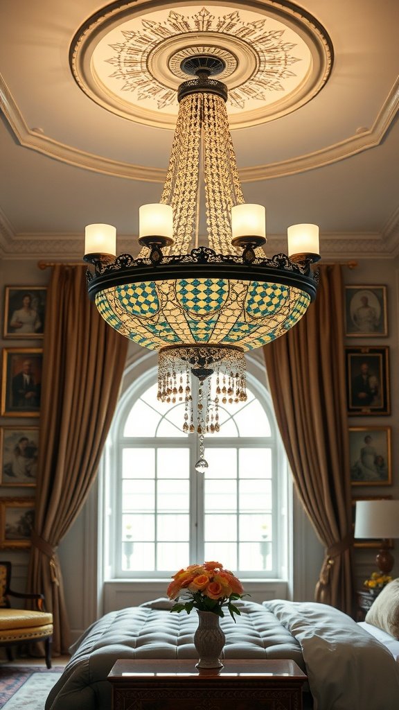 An elegant Art Deco chandelier with intricate patterns and crystals hanging from a ceiling in a luxurious bedroom.