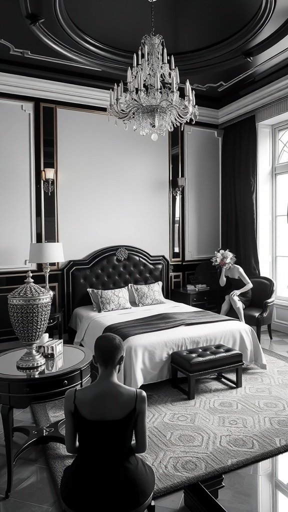 A stunning Art Deco inspired monochrome bedroom with elegant furnishings and decor.