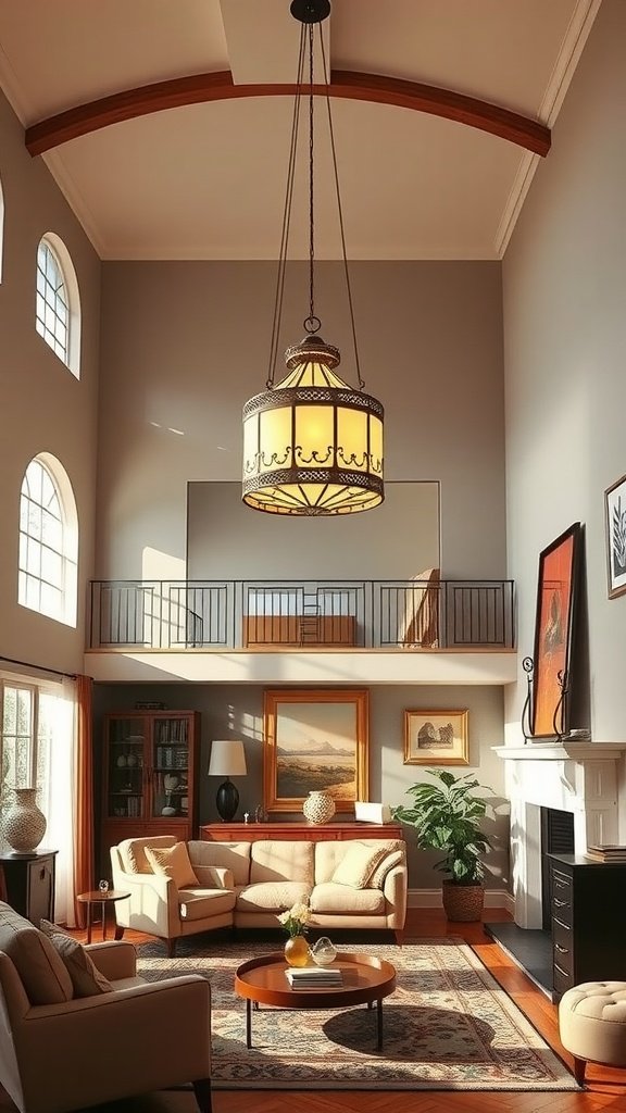 Art Deco style pendant light hanging in a double-height living room