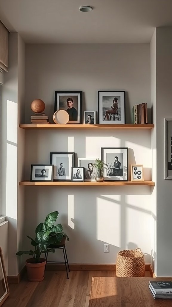 Floating shelves with framed photos and decor items in a small living space.