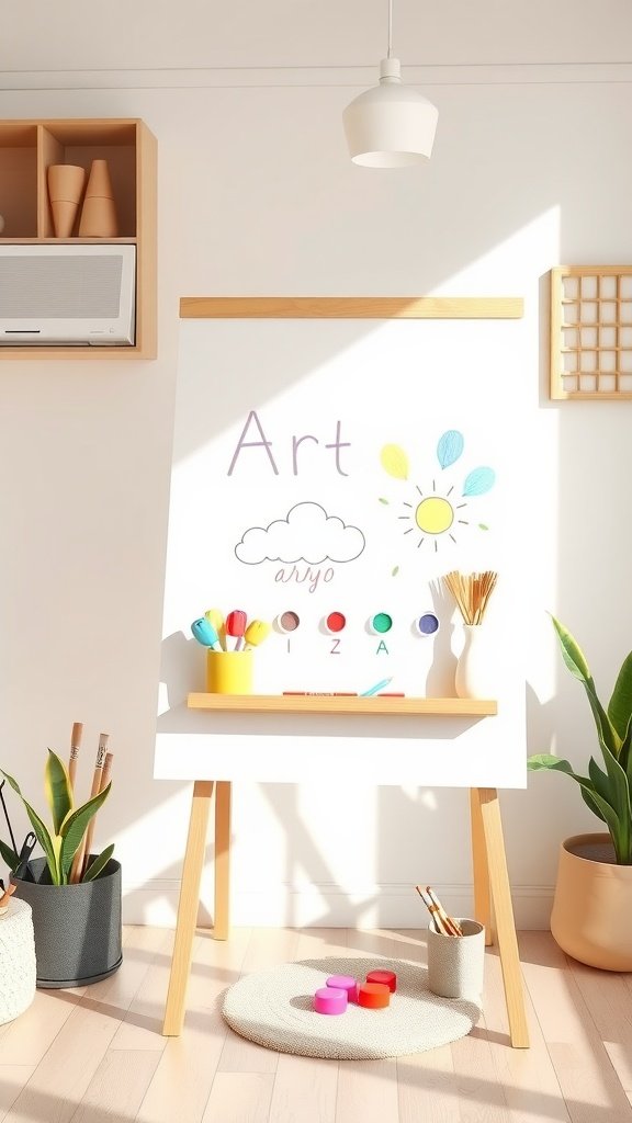 A bright and cheerful art easel with paint supplies, perfect for toddlers.