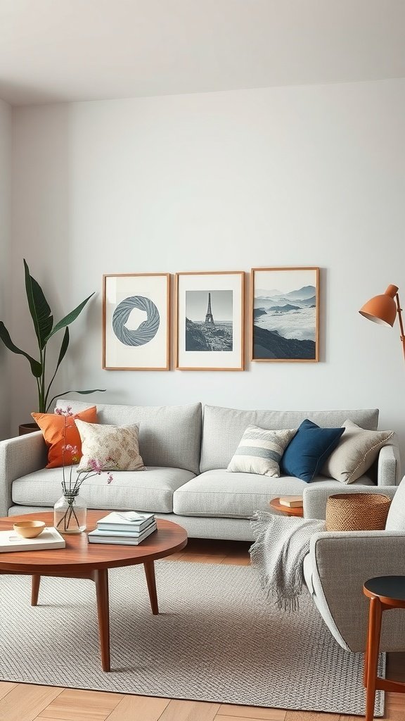 A stylish living room showcasing a cozy gray sofa with colorful throw pillows, a wooden coffee table with books, and wall art.