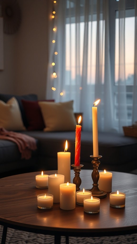 A cozy living room setup featuring various candles on a table with a warm glow.