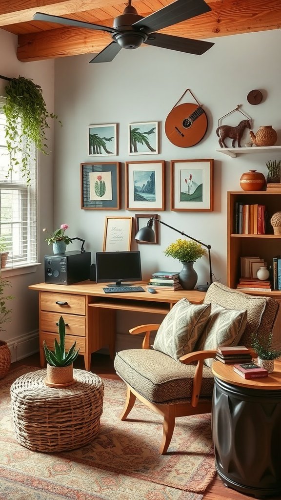 Cozy home office with artisan craftsmanship in decor, including woven elements and framed art on walls.