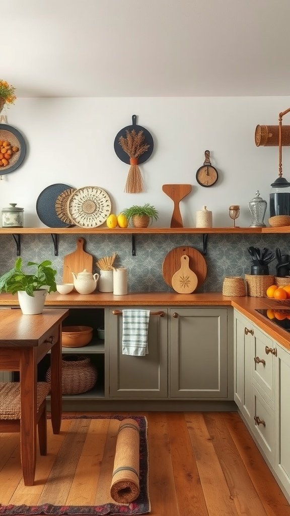 A cozy kitchen featuring artisan handmade decor elements like woven baskets and wooden utensils.