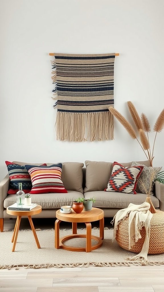 A cozy living room featuring handwoven textiles and pillows, with natural decor elements.