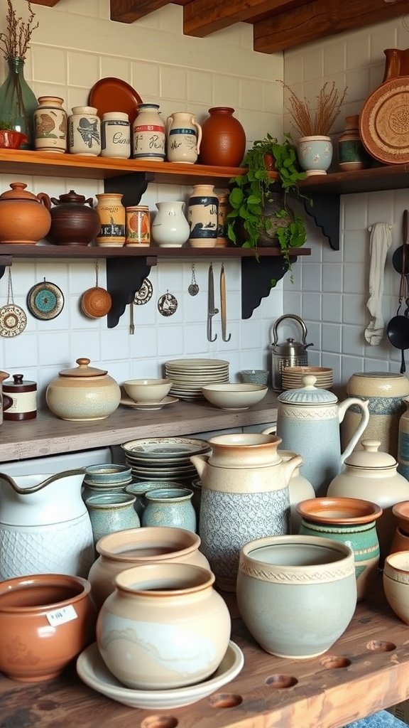 Artisan pottery collection displayed on shelves in a boho kitchen.