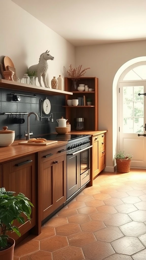 A cozy kitchen featuring artisan terracotta tiles on the floor, warm wood cabinets, and a sunny ambiance.