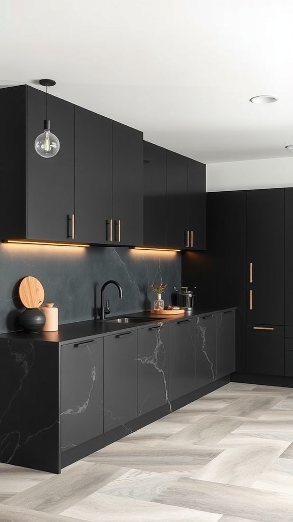 Modern kitchen with artisanal concrete countertops and dark cabinets.