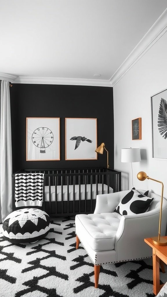 A modern black and white nursery featuring a crib, artwork, and stylish furniture.