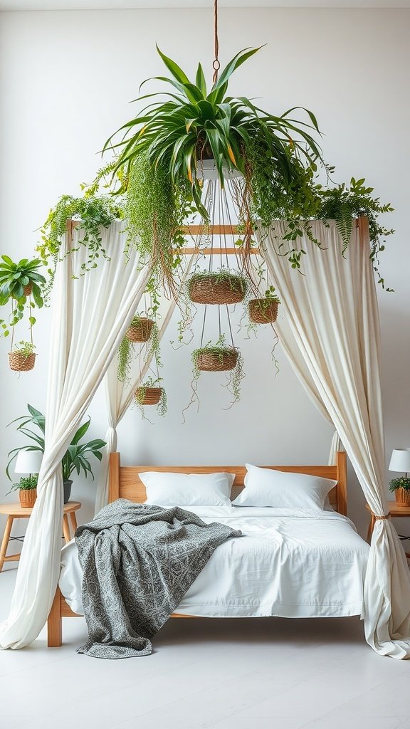 A cozy bedroom featuring a canopy bed with hanging plants and white curtains.