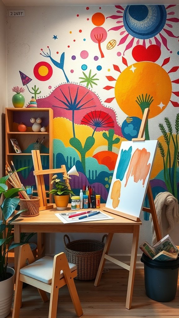 A vibrant art space with easels, colorful paintings, and bright mural on the wall.
