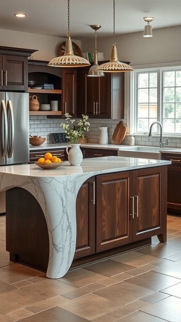 A modern kitchen island with a unique shape, featuring a marble top and wooden cabinets.