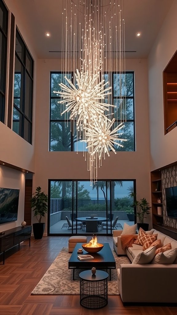 Artistic light installation in a double-height living room