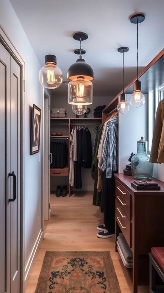 A stylish walk-in closet featuring artistic lighting fixtures.
