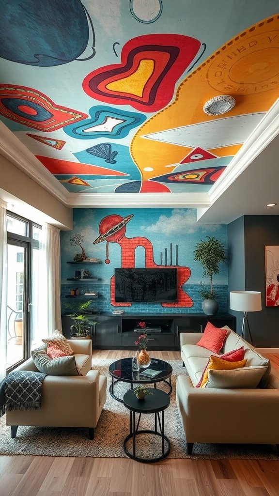 Colorful artistic mural on a ceiling with clouds and circles in a modern living room.