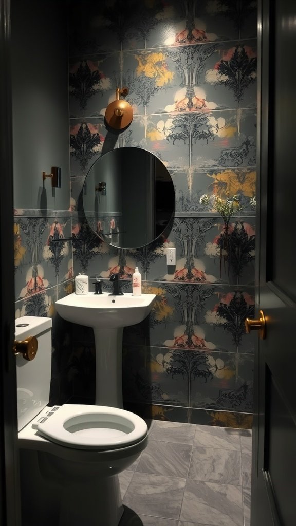 A small, dark bathroom featuring artistic painterly wallpaper with floral designs.