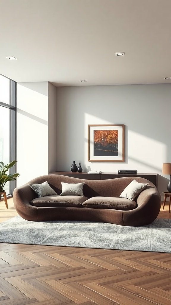 A brown sculptural sofa with soft cushions in a modern living room setting