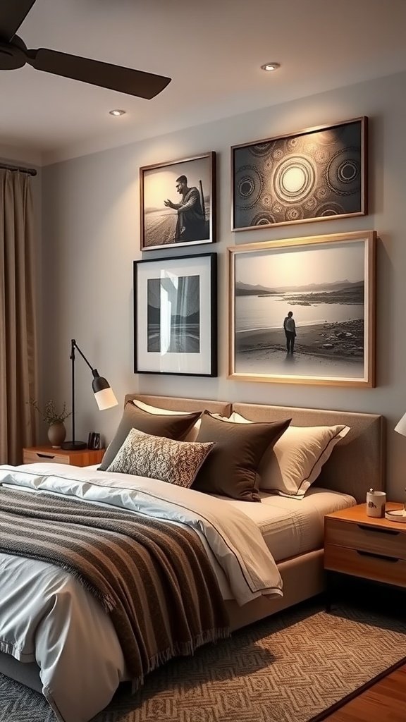 Bed with decorative wall art and a teddy bear