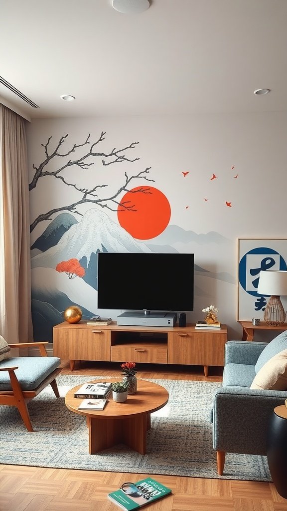 A living room featuring a mural of mountains and a red sun on the wall.