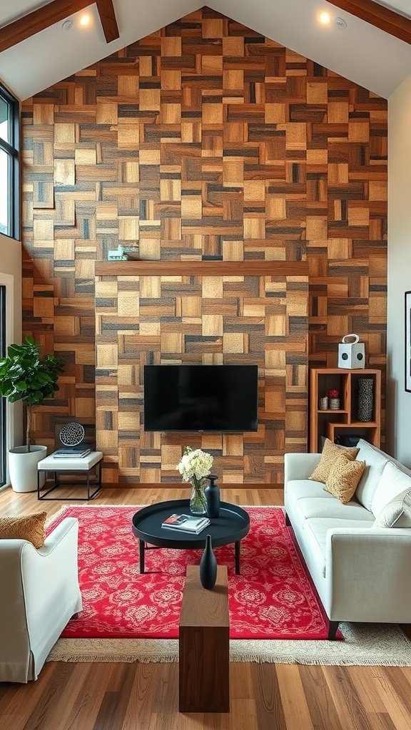 Artistic wood mosaic wall in a modern living room with a cozy seating area