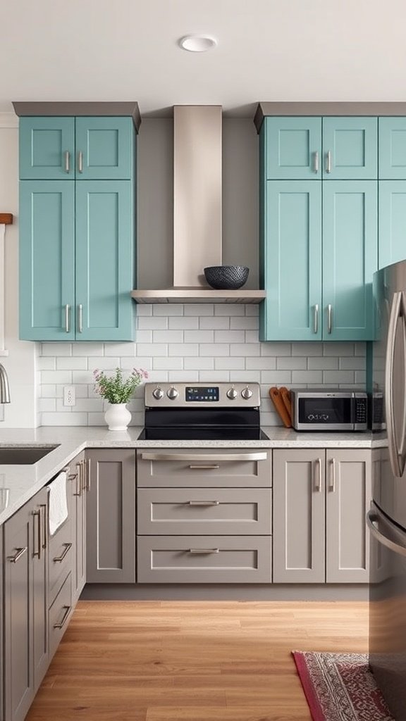 A kitchen featuring ash gray lower cabinets and aqua upper cabinets.